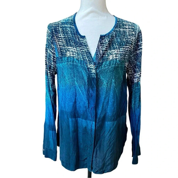 Ecru Silk Blouse Navy Cream Turquoise V-Neck Hidden Button Work Top M - Picture 1 of 13